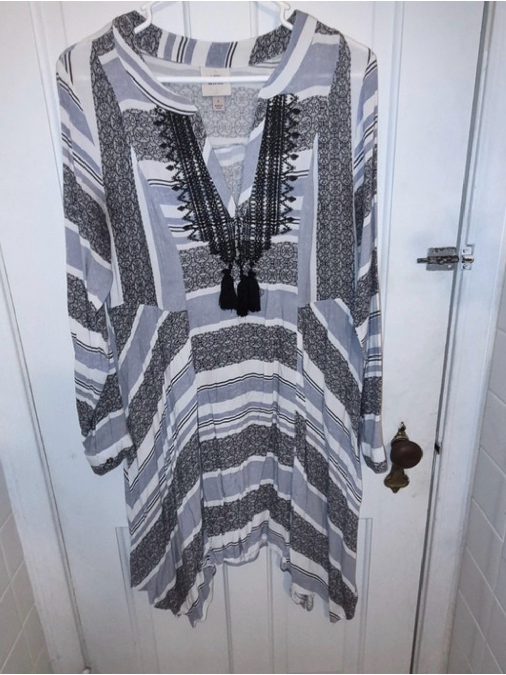 Knox Rose -BoHo and White Striped Tassel-Trim Long Sleeve Dress